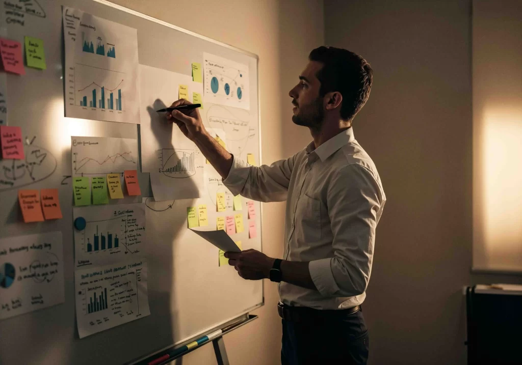 Profissional em frente a quadro branco repleto de gráficos, anotações e post-its, representando planejamento estratégico no mercado imobiliário.