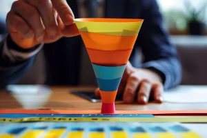 Pessoa em traje executivo interagindo com modelo colorido de funil de vendas imobiliário sobre uma mesa, representando etapas do processo de conversão no setor imobiliário.