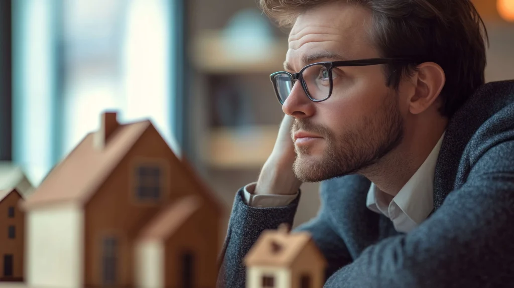 Profissional pensativo ao lado de maquete de casas em mesa, representando análise de desempenho e desafios nas vendas de lançamentos imobiliários.