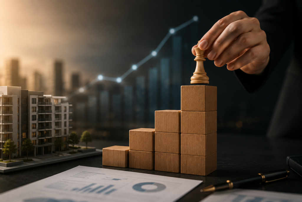 Executivo posiciona uma peça de xadrez sobre uma estrutura de blocos de madeira em formato crescente, ao lado de uma maquete imobiliária e gráficos de desempenho, simbolizando planejamento estratégico, gestão comercial e crescimento sustentável no mercado imobiliário.